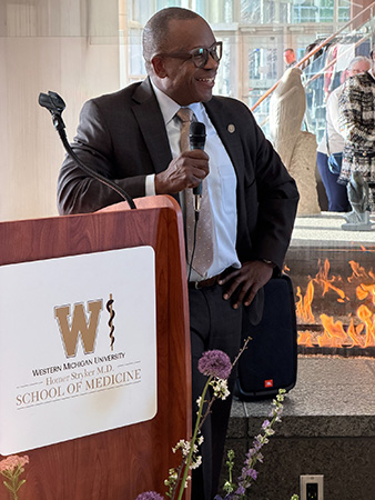 J. Adrian Tyndall, MD, MPH, FACEP, The Hal B. Jenson, MD Dean, President and CEO - WMU Homer Stryker M.D. School of Medicine, speaks at the "Evening with the Dean" event on March 19, 2026